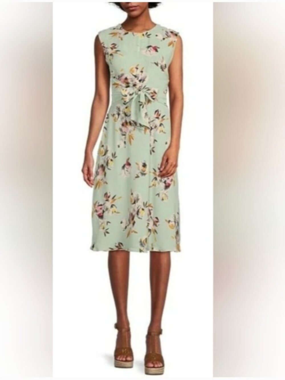 Lauren Ralph Lauren Black Label Floral Crepe Midi Dress Size 4P Green Pink Tie - Picture 2 of 8
